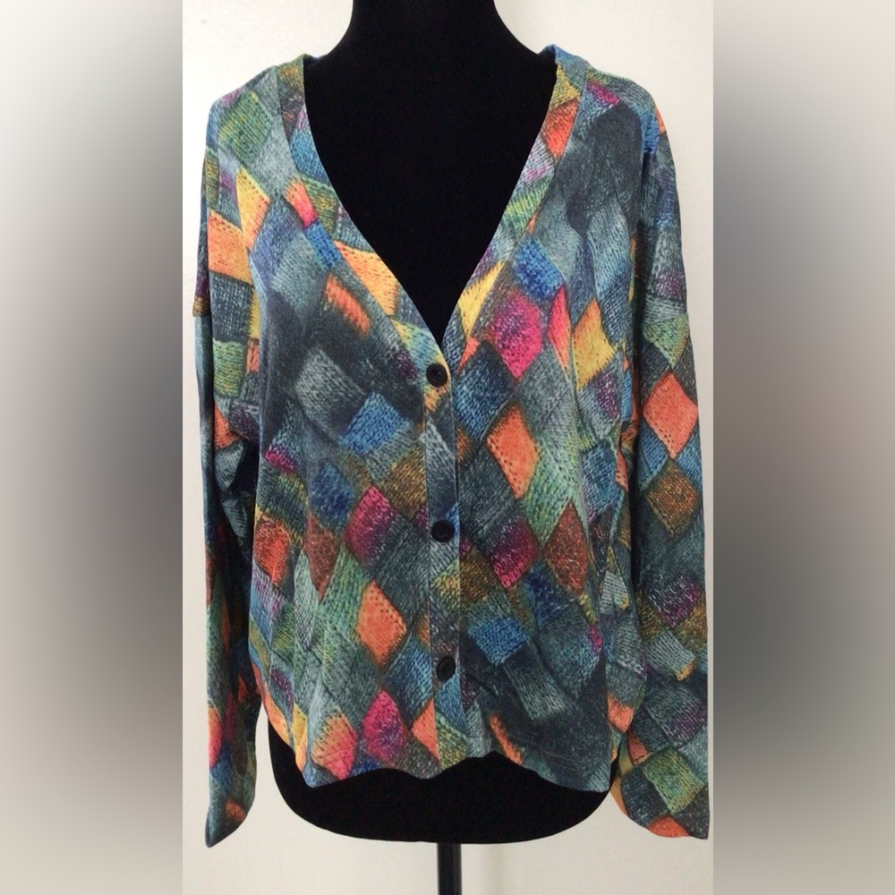 NWT Multicolor Diamond Print T-Cardigan Women Small-Medium LS